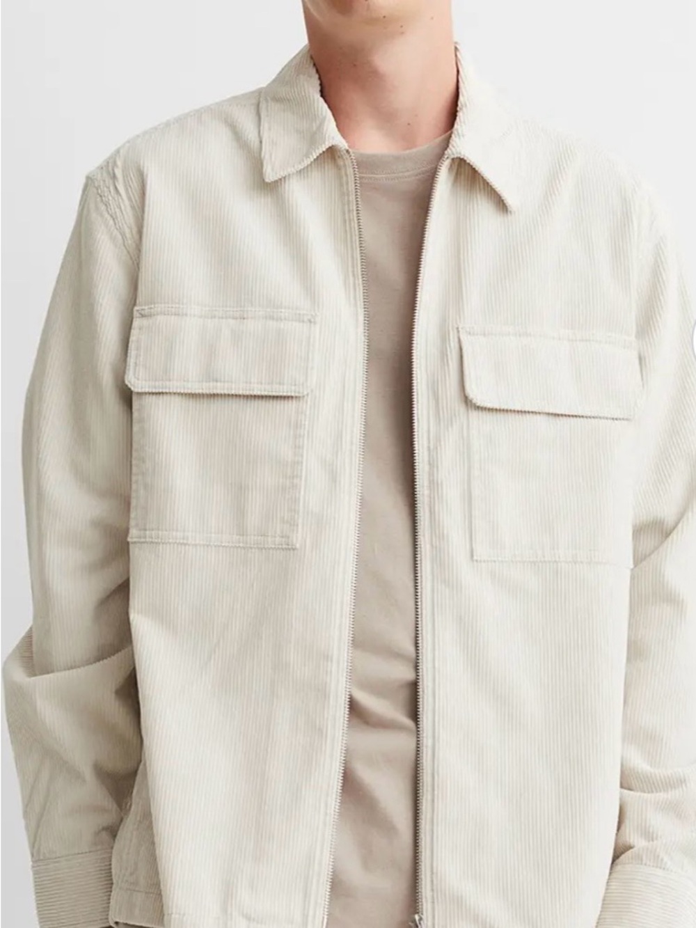H&M Lightweight Corduroy Zip Shirt Jacket - Cream